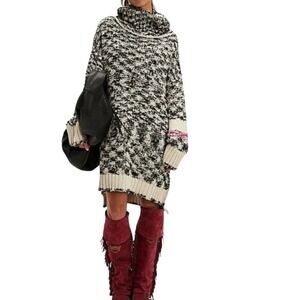 Free People Winter Storm Tunic Sweater Black White Pink Space Dye Womens Small